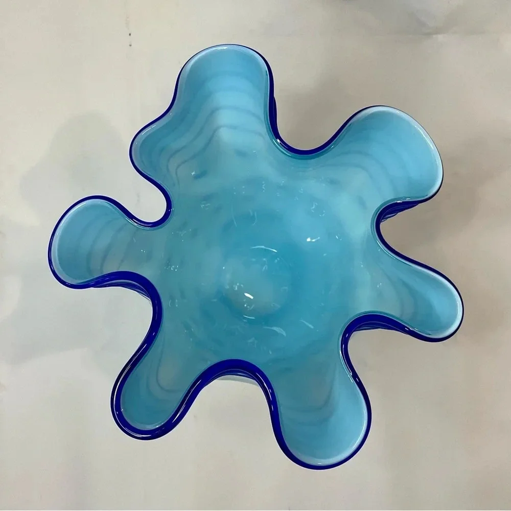 Blue Polka Dot & Stripped Blown Glass Fluted Ruffle Vase Handmade Unique